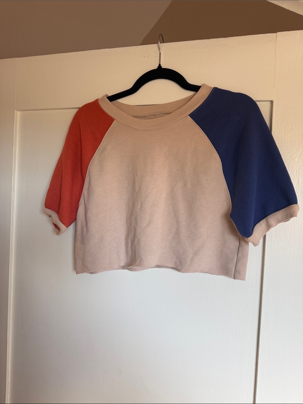 Madewell Beige Crop Top with Red & Blue Raglan Sleeves